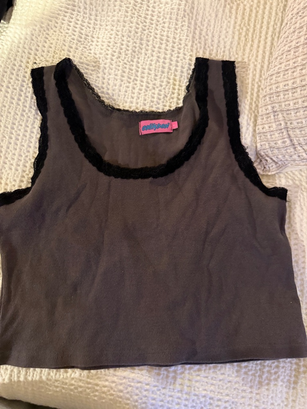 Edikted Gray Crop Tank with Black Lace Trim